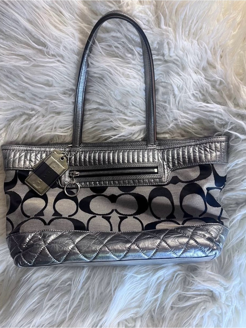 Coach Signature Tote with Silver Metallic Trim